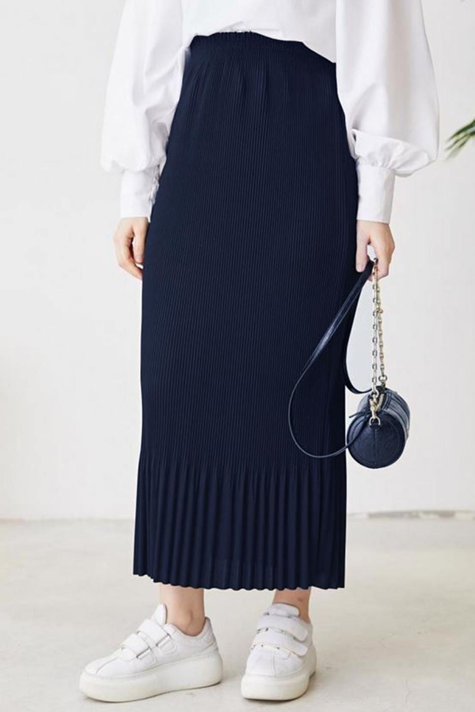 Tesettür giyim LACİVERT BELİ LASTİKLİ PİLİSELİ ETEK T 502
