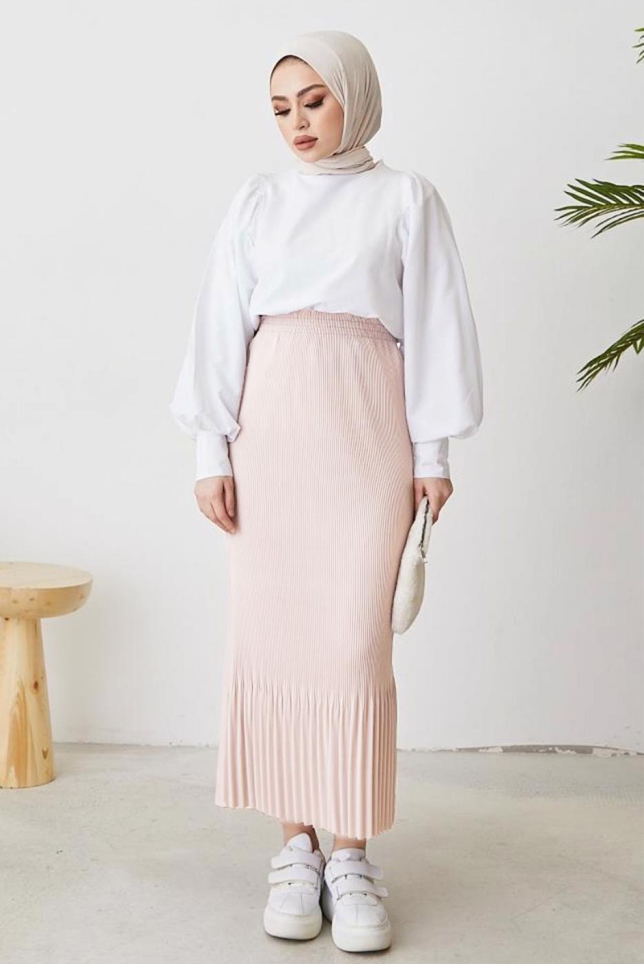 Hijab clothing BEIGE PLEATED SKIRT WITH ELASTIC WAIST T 502