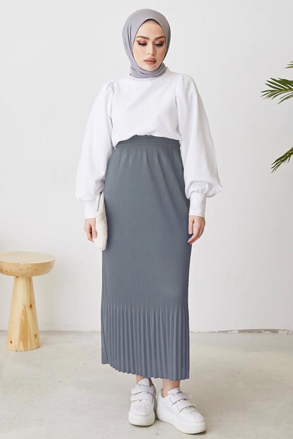 Tesettür giyim GRİ BELİ LASTİKLİ PİLİSELİ ETEK T 502