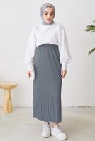 Tesettür giyim GRİ BELİ LASTİKLİ PİLİSELİ ETEK T 502