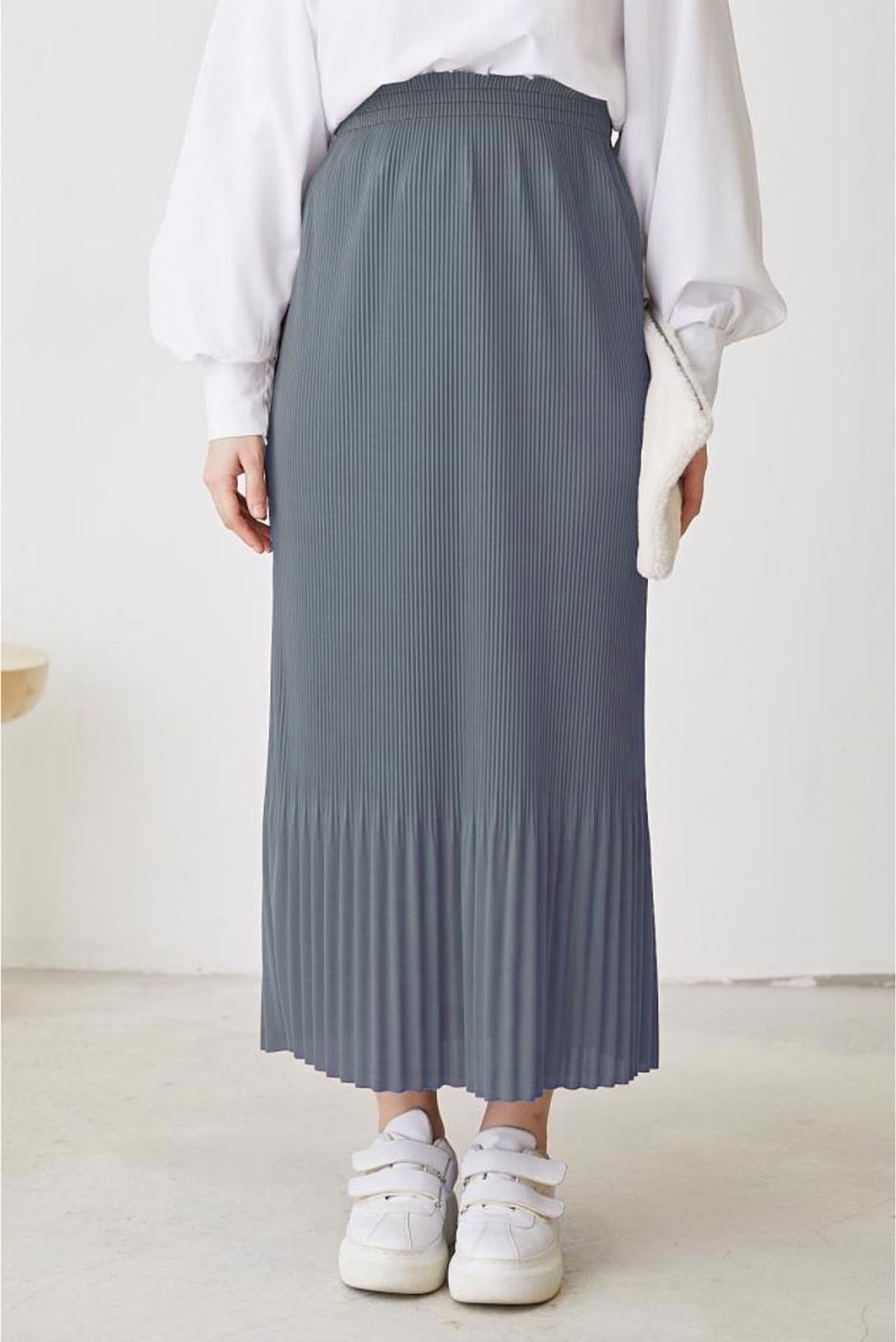Tesettür giyim GRİ BELİ LASTİKLİ PİLİSELİ ETEK T 502