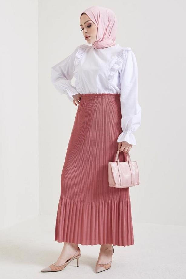 Tesettür giyim PEMBE BELİ LASTİKLİ PİLİSELİ ETEK T 502 - TRENDTESETTÜR