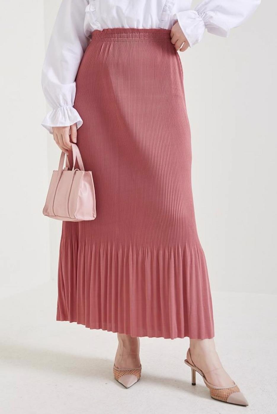 Tesettür giyim PEMBE BELİ LASTİKLİ PİLİSELİ ETEK T 502