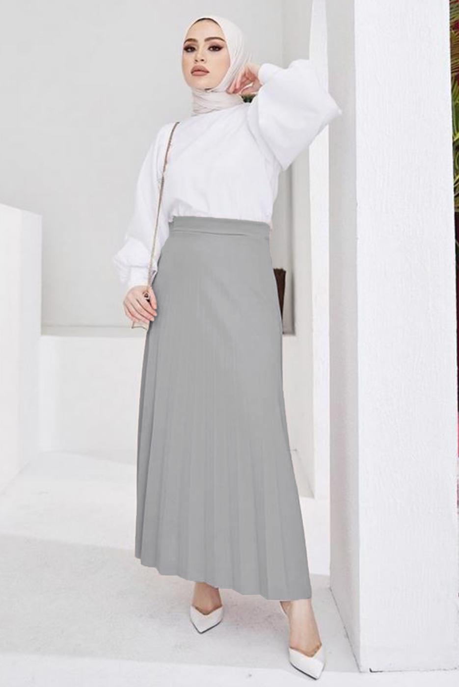 Tesettür giyim GRİ BELİ LASTİKLİ PİLİSELİ ETEK T 702