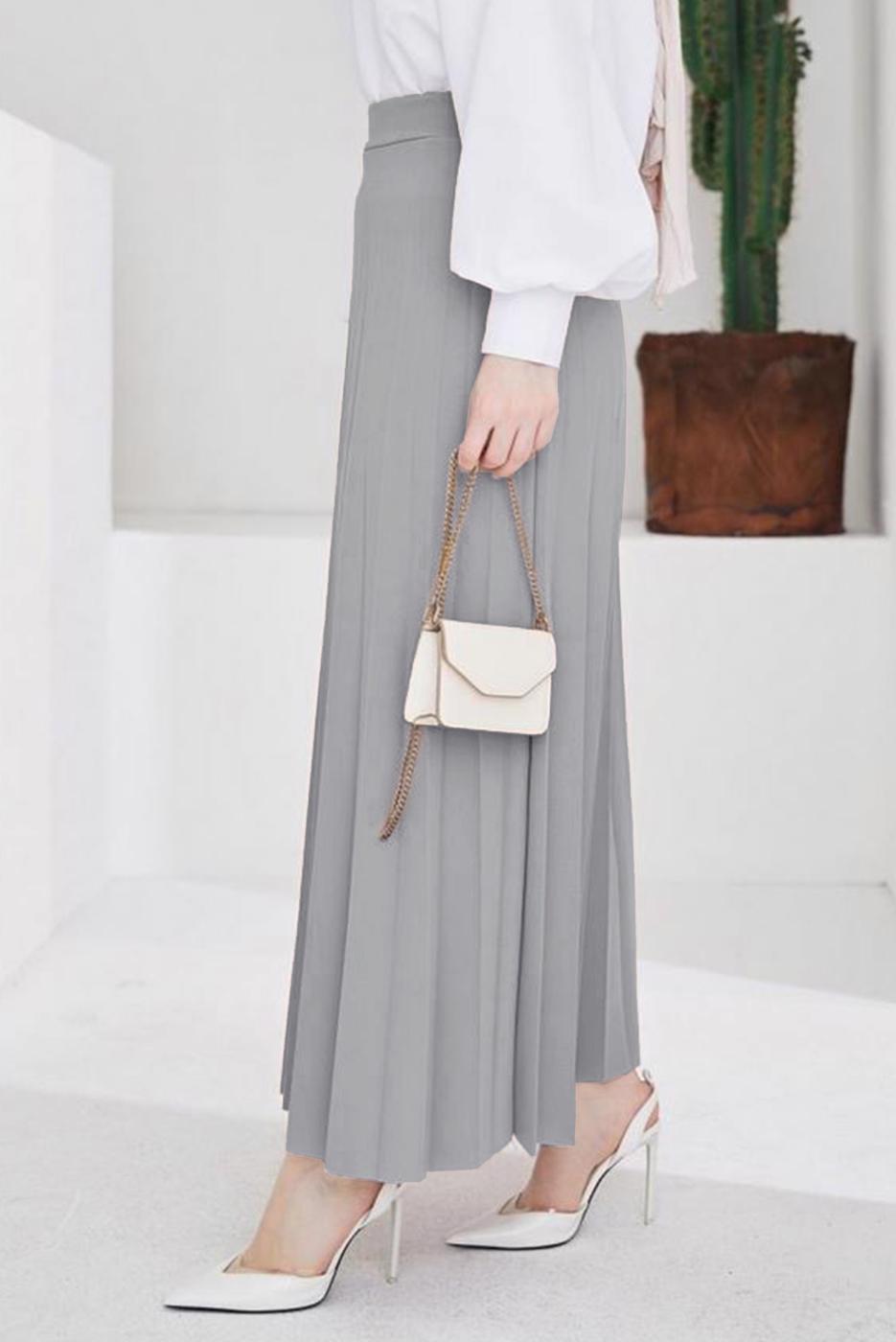 Tesettür giyim GRİ BELİ LASTİKLİ PİLİSELİ ETEK T 702