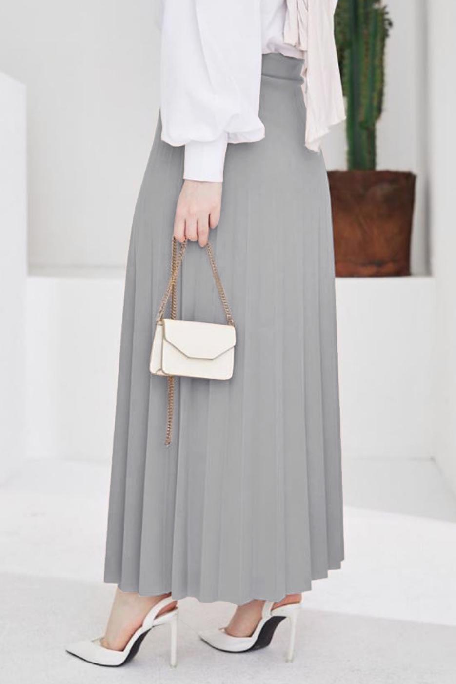 Tesettür giyim GRİ BELİ LASTİKLİ PİLİSELİ ETEK T 702