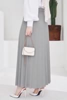 Tesettür giyim GRİ BELİ LASTİKLİ PİLİSELİ ETEK T 702