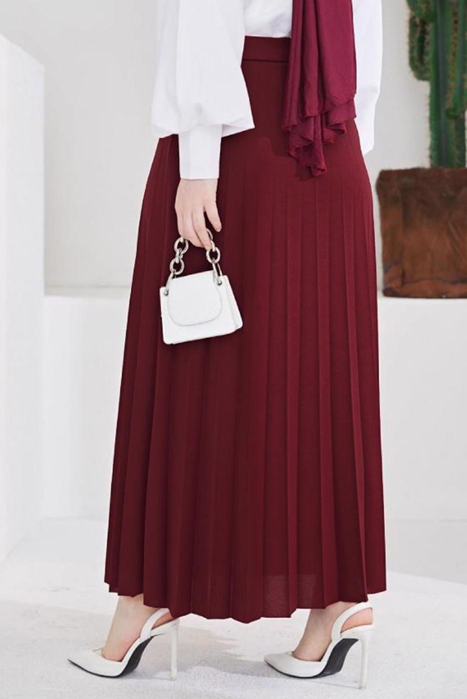 Tesettür giyim BORDO BELİ LASTİKLİ PİLİSELİ ETEK T 702