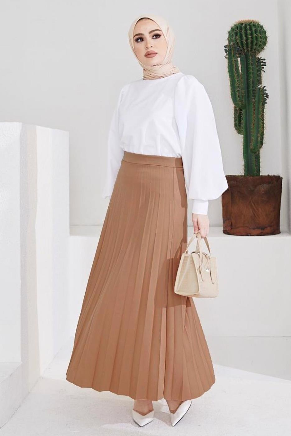 Vêtements hijab BRUN JUPE PLISSÉE À TAILLE ÉLASTIQUE T 702