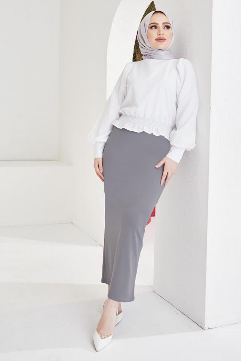 Tesettür giyim GRİ BELİ LASTİKLİ KALEM ETEK T 802