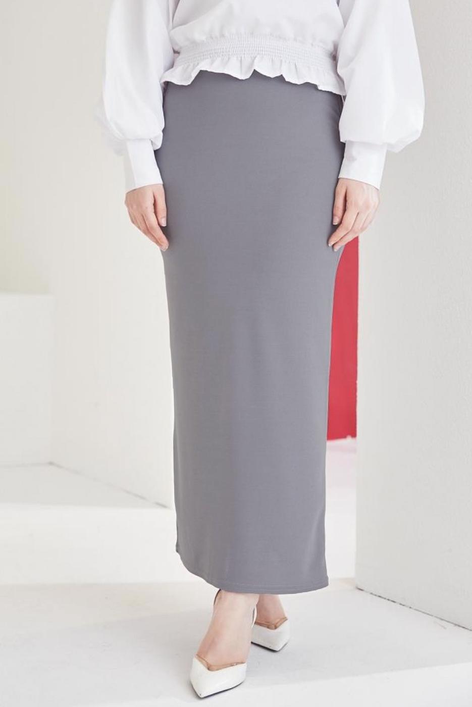 Tesettür giyim GRİ BELİ LASTİKLİ KALEM ETEK T 802