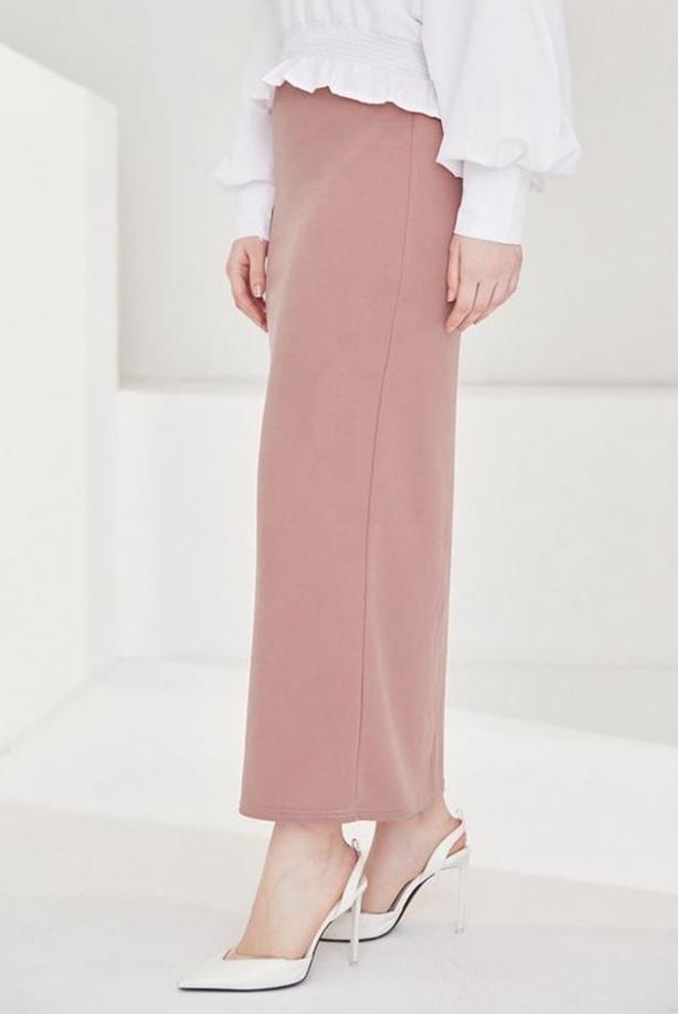 Tesettür giyim PUDRA BELİ LASTİKLİ KALEM ETEK T 802 - TRENDTESETTÜR