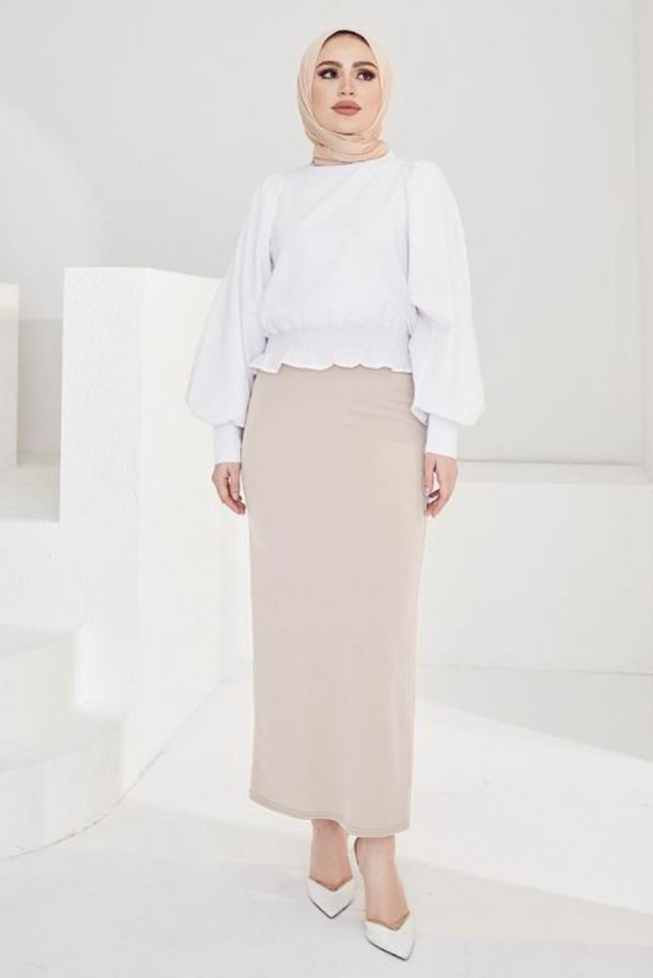 Tesettür giyim BEJ BELİ LASTİKLİ KALEM ETEK T 802