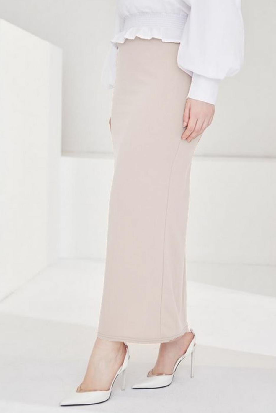 Tesettür giyim BEJ BELİ LASTİKLİ KALEM ETEK T 802