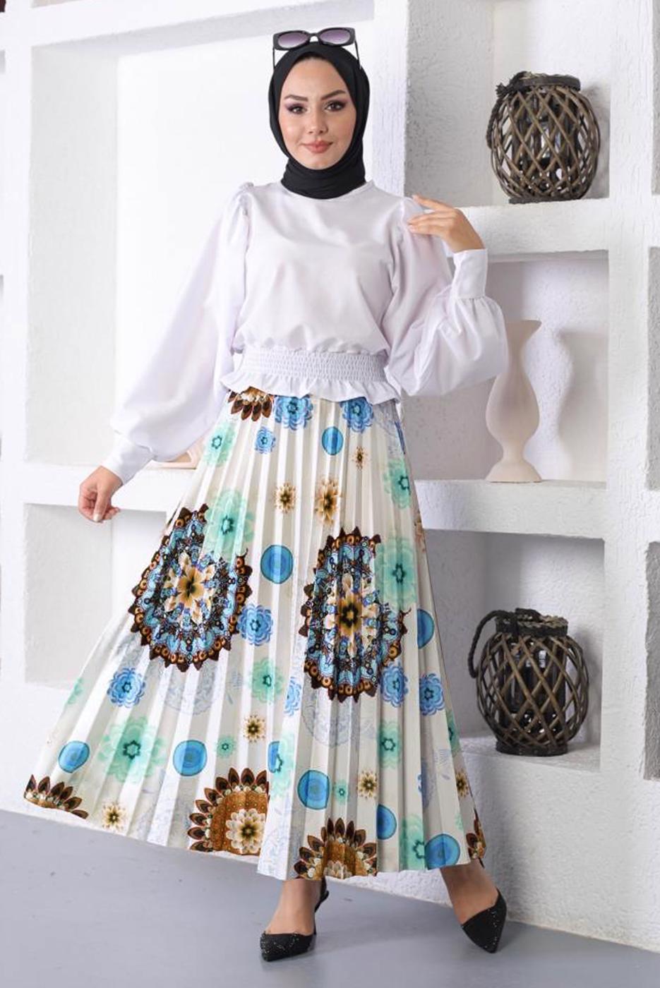 Tesettür giyim MAVİ DESENLİ PİLİSELİ ETEK T 1354