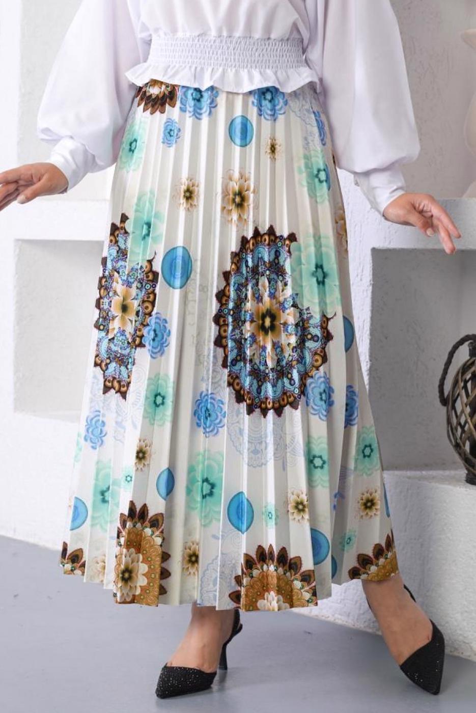 Tesettür giyim MAVİ DESENLİ PİLİSELİ ETEK T 1354