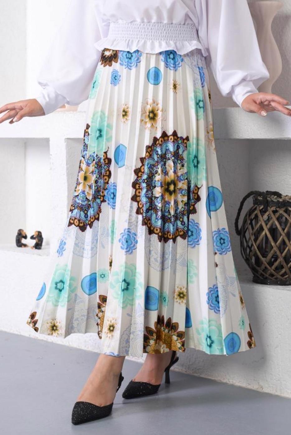 Tesettür giyim MAVİ DESENLİ PİLİSELİ ETEK T 1354