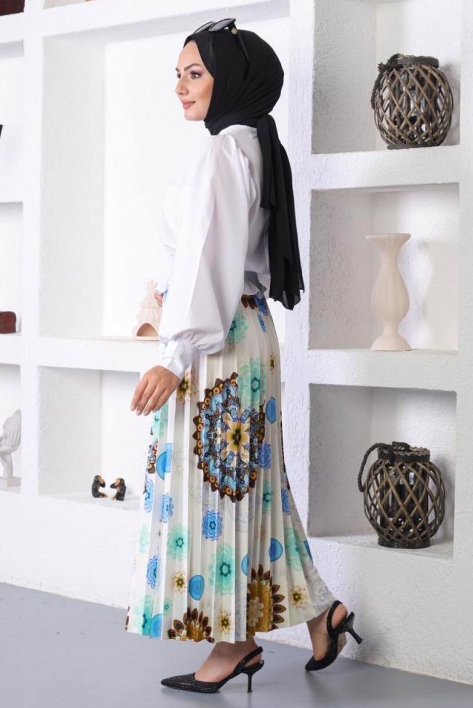 Tesettür giyim MAVİ DESENLİ PİLİSELİ ETEK T 1354