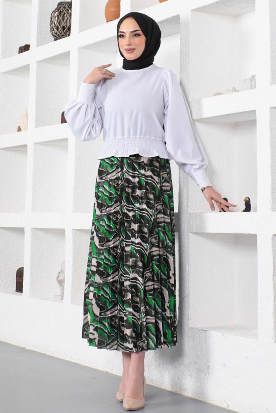 Vêtements hijab VERT JUPE PLISSÉE À MOTIFS T 1454