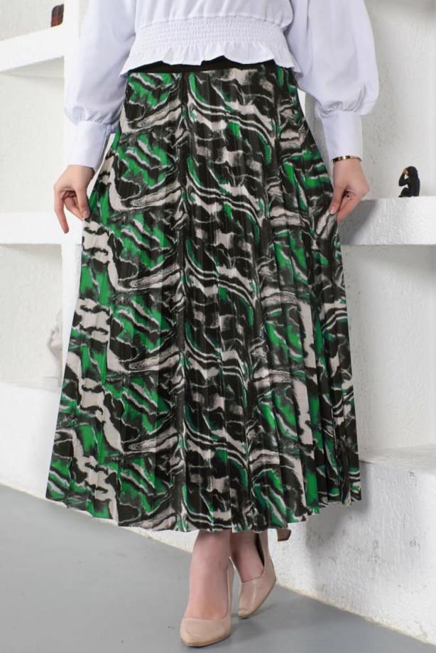 Tesettür giyim YEŞİL DESENLİ PİLİSELİ ETEK T 1454 - TRENDTESETTÜR