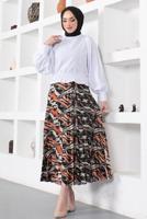 Tesettür giyim TURUNCU DESENLİ PİLİSELİ ETEK T 1454