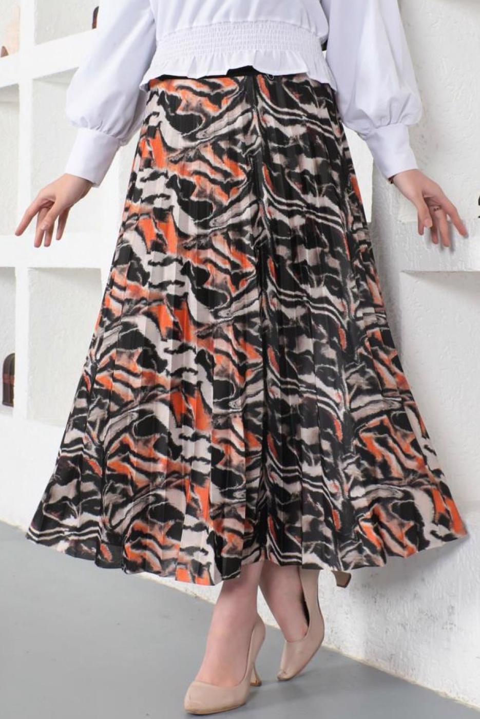 Tesettür giyim TURUNCU DESENLİ PİLİSELİ ETEK T 1454