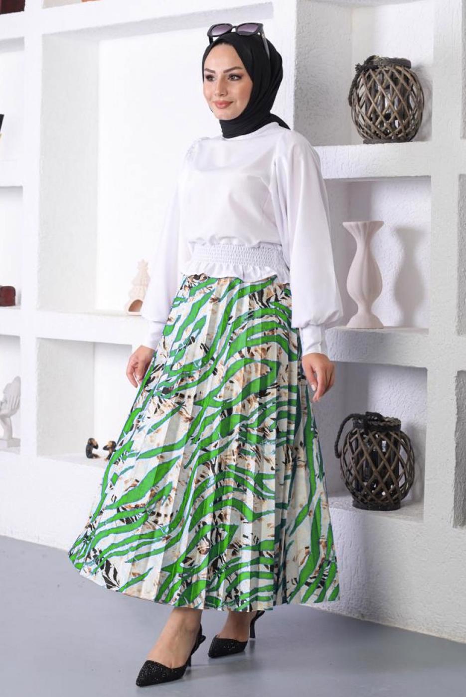 Tesettür giyim YEŞİL DESENLİ PİLİSELİ ETEK T 5254