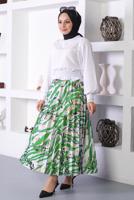 Tesettür giyim YEŞİL DESENLİ PİLİSELİ ETEK T 5254