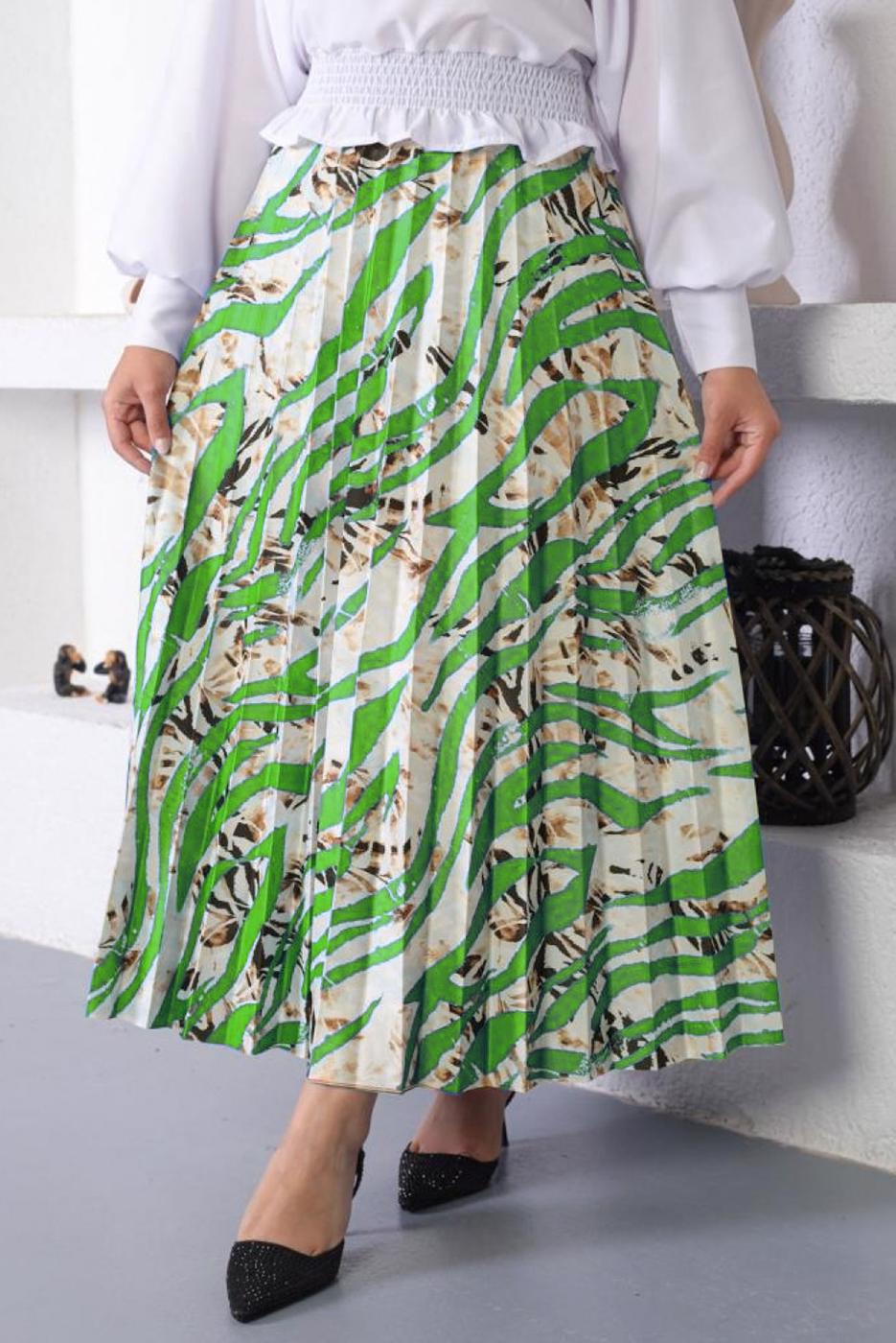 Tesettür giyim YEŞİL DESENLİ PİLİSELİ ETEK T 5254