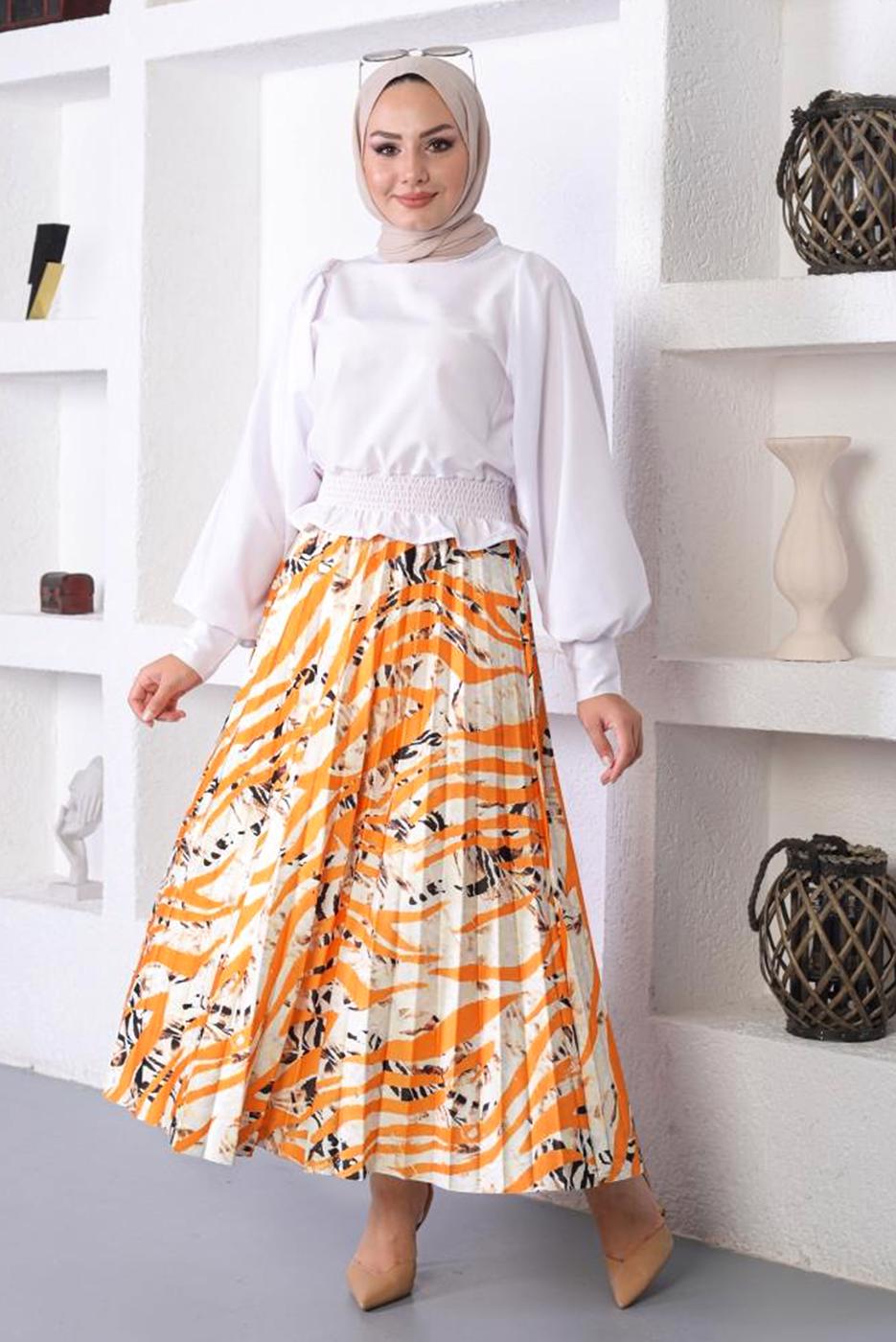 Tesettür giyim TURUNCU DESENLİ PİLİSELİ ETEK T 5254