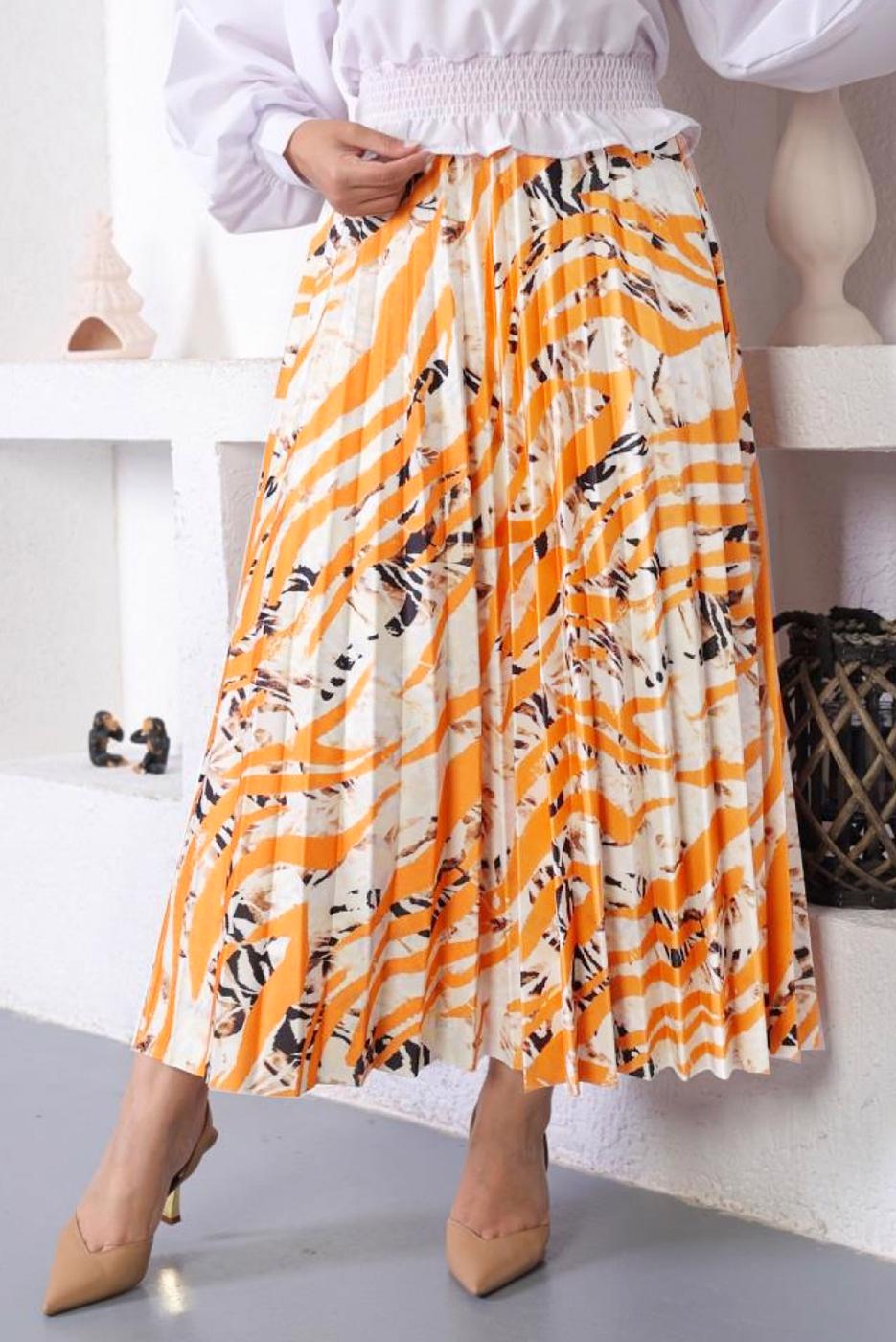 Tesettür giyim TURUNCU DESENLİ PİLİSELİ ETEK T 5254