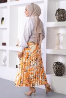 Tesettür giyim TURUNCU DESENLİ PİLİSELİ ETEK T 5254