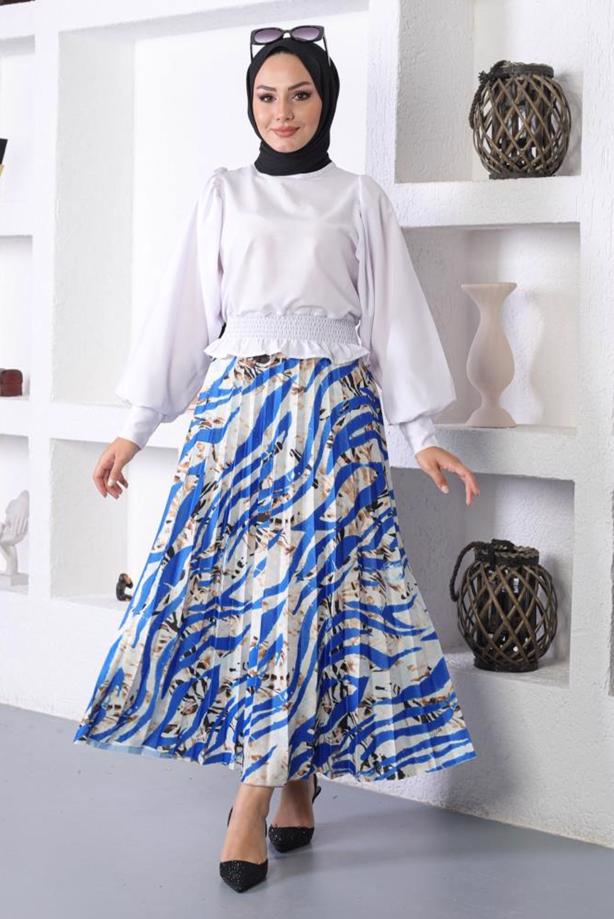 Tesettür giyim LACİVERT DESENLİ PİLİSELİ ETEK T 5254 - TRENDTESETTÜR