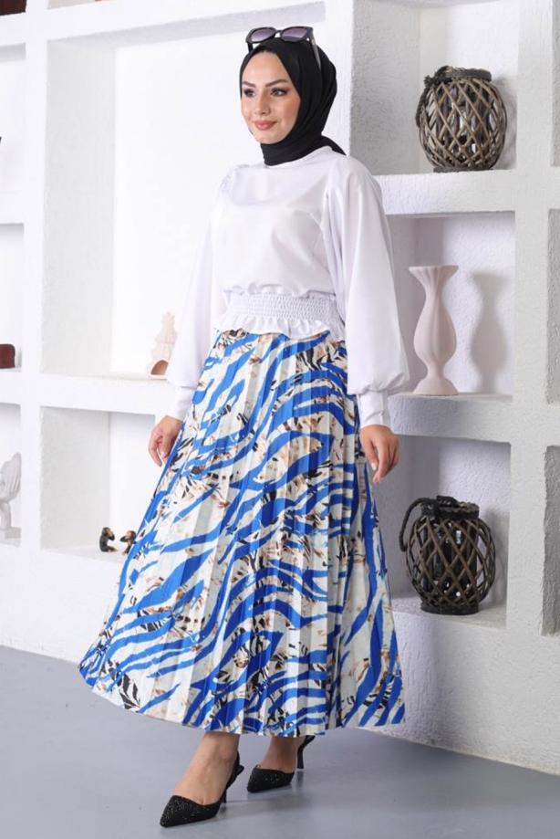 Tesettür giyim LACİVERT DESENLİ PİLİSELİ ETEK T 5254 - TRENDTESETTÜR