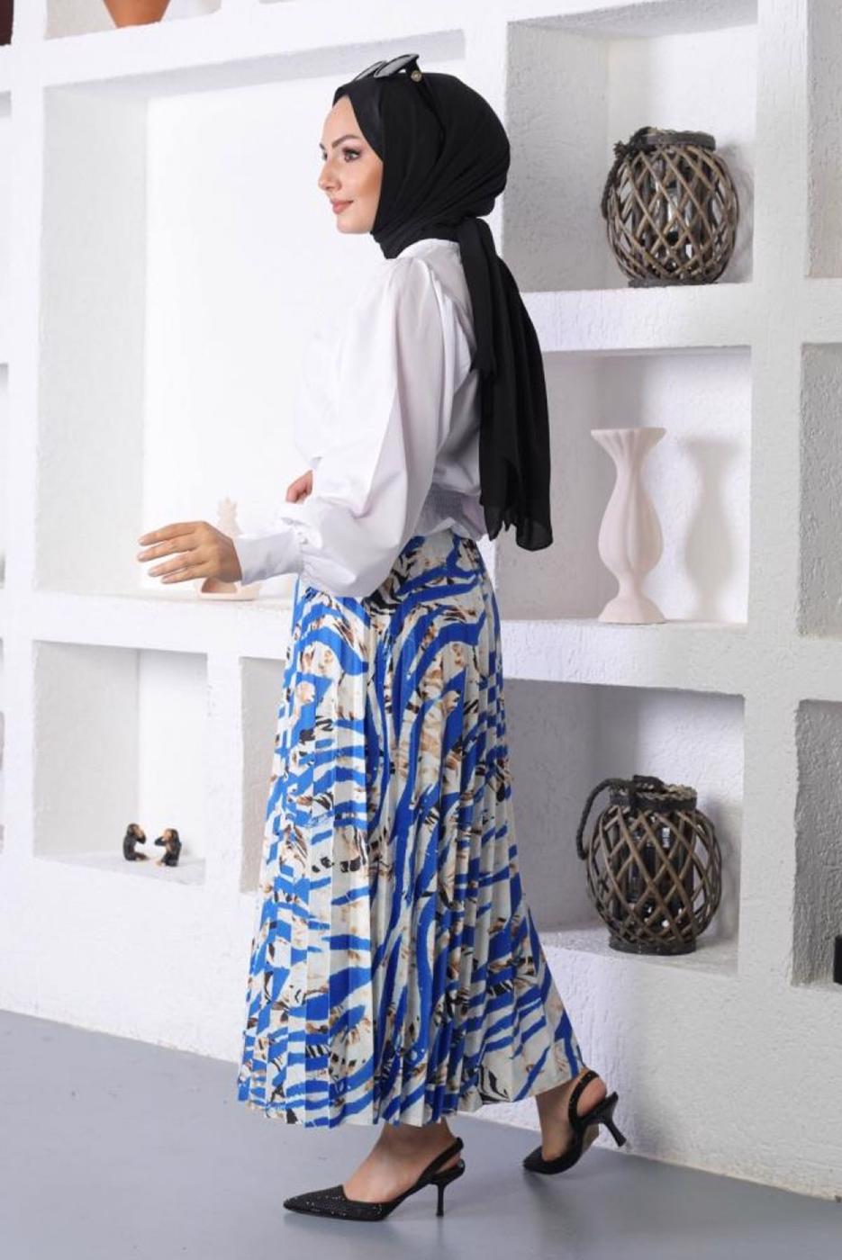 Tesettür giyim LACİVERT DESENLİ PİLİSELİ ETEK T 5254