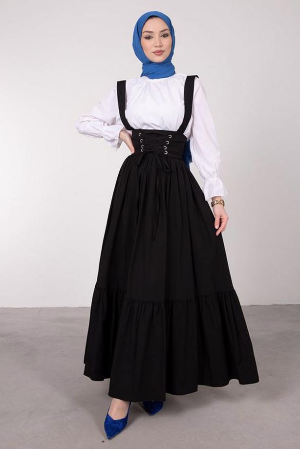 Tesettür giyim  BELİ BAĞCIK DETAYLI SALOPET ELBİSE T 60042 - TRENDTESETTÜR
