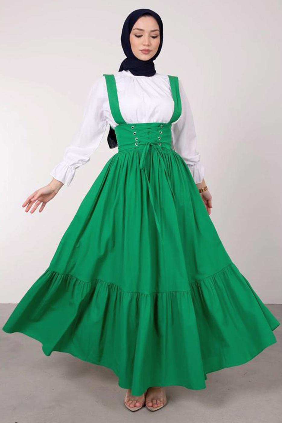 Tesettür giyim YEŞİL BELİ BAĞCIK DETAYLI SALOPET ELBİSE T 60042