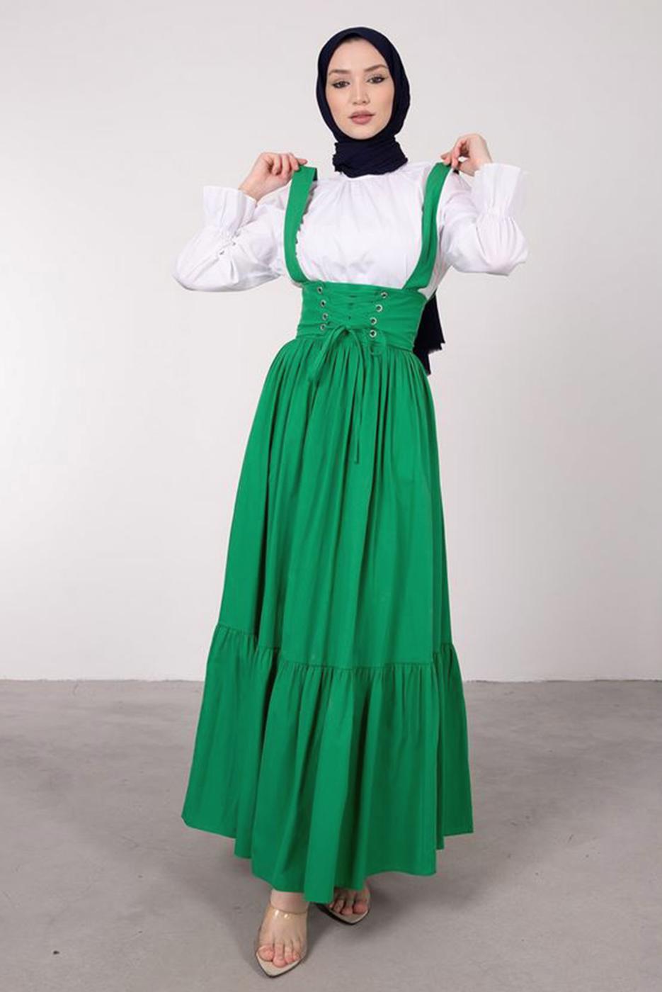 Tesettür giyim YEŞİL BELİ BAĞCIK DETAYLI SALOPET ELBİSE T 60042