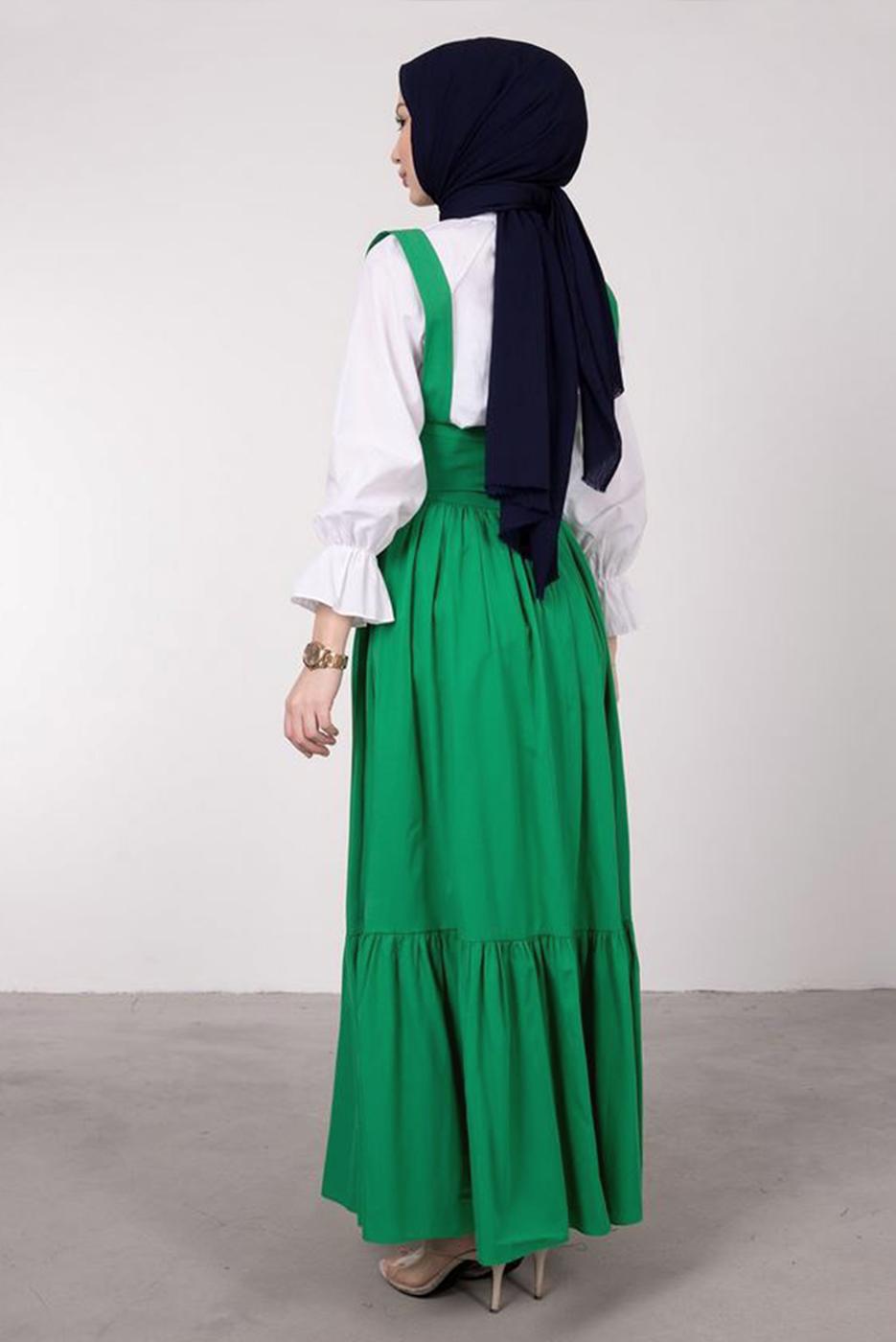 Tesettür giyim YEŞİL BELİ BAĞCIK DETAYLI SALOPET ELBİSE T 60042