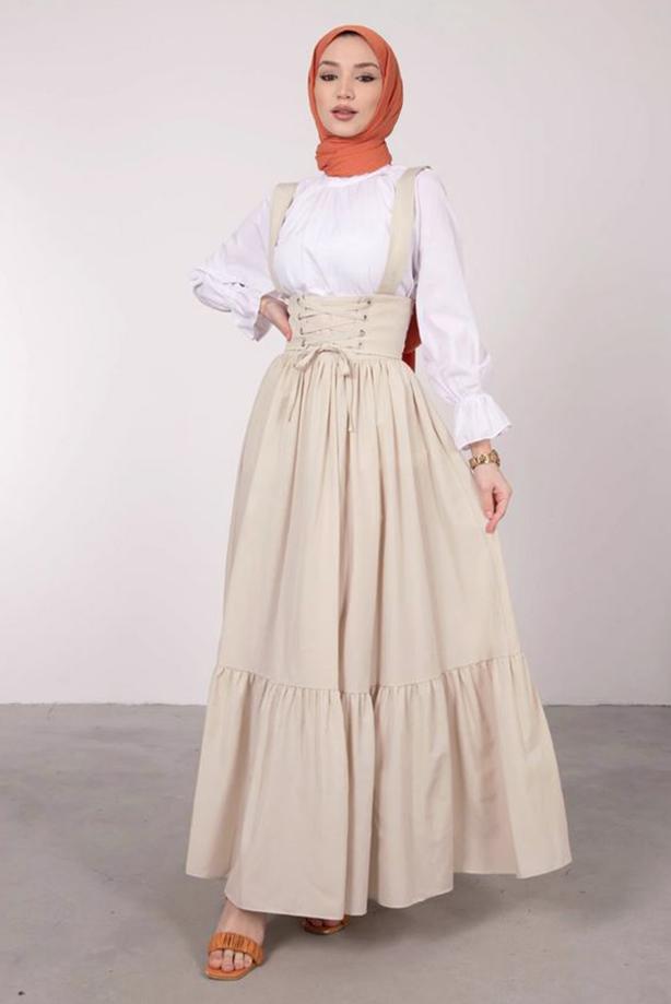 Tesettür giyim  BELİ BAĞCIK DETAYLI SALOPET ELBİSE T 60042 - TRENDTESETTÜR