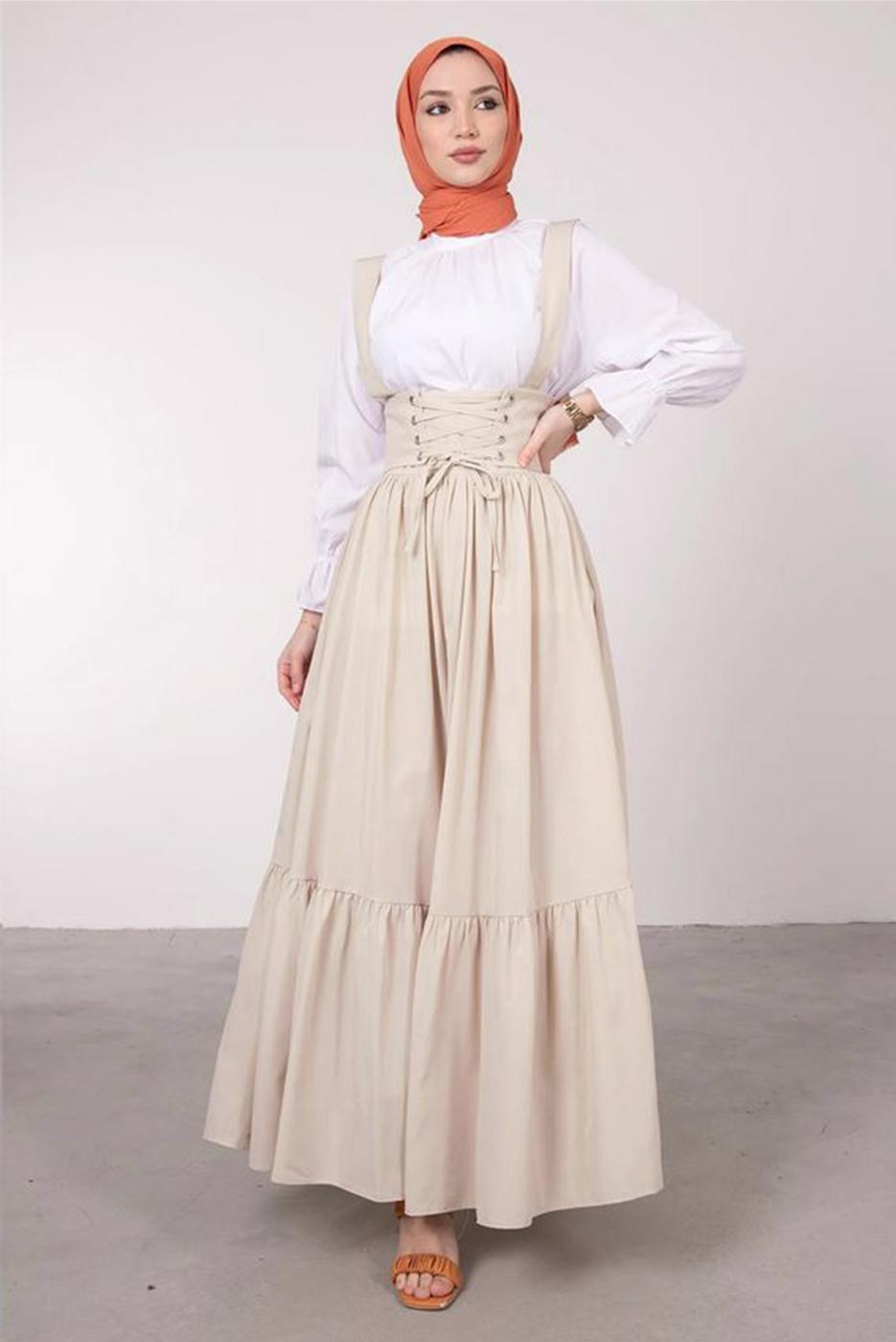Tesettür giyim BEJ BELİ BAĞCIK DETAYLI SALOPET ELBİSE T 60042