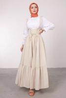 Tesettür giyim BEJ BELİ BAĞCIK DETAYLI SALOPET ELBİSE T 60042