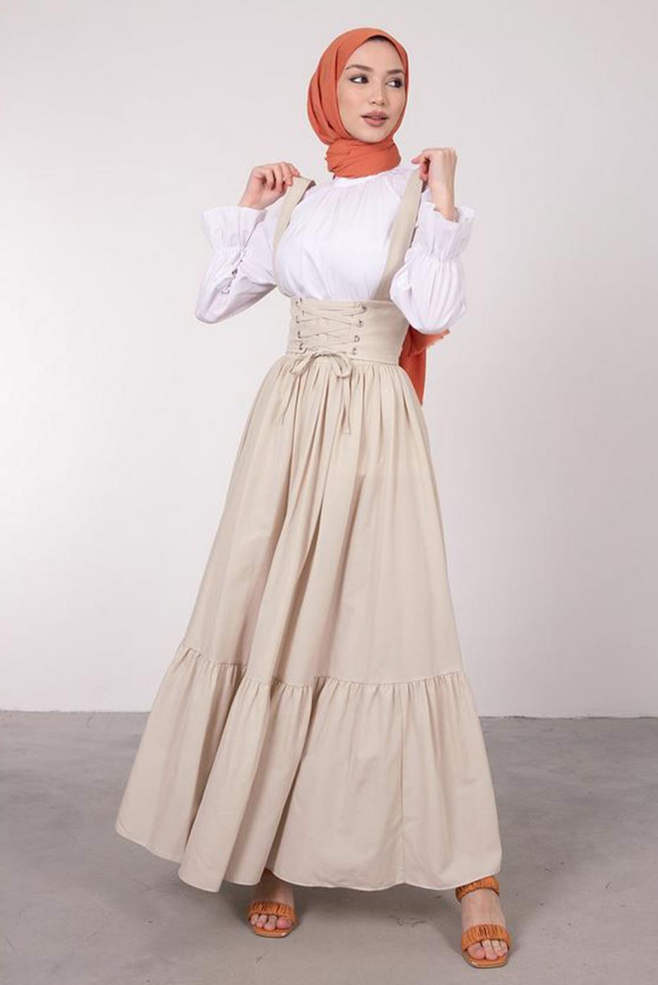 Tesettür giyim BEJ BELİ BAĞCIK DETAYLI SALOPET ELBİSE T 60042