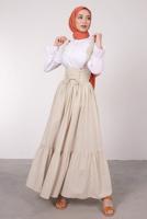 Tesettür giyim BEJ BELİ BAĞCIK DETAYLI SALOPET ELBİSE T 60042