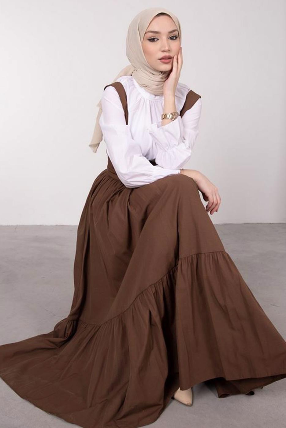 Vêtements hijab BRUN ROBE SALOPETE À LA TAILLE NOUÉE T 60042