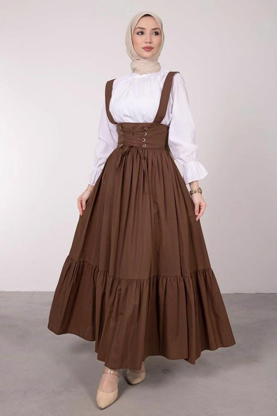 Vêtements hijab BRUN ROBE SALOPETE À LA TAILLE NOUÉE T 60042