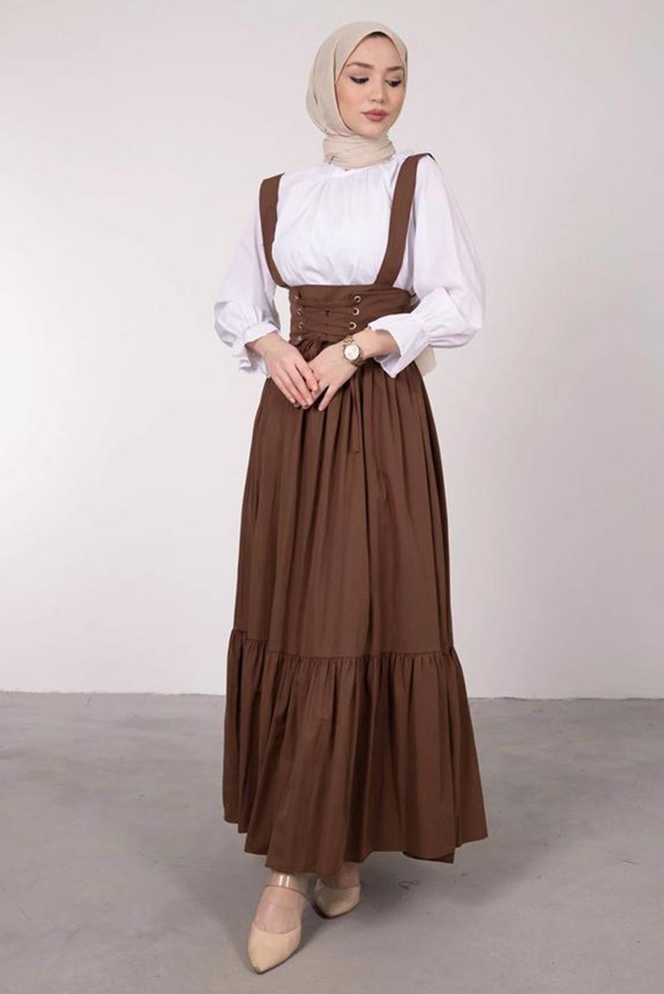 Vêtements hijab BRUN ROBE SALOPETE À LA TAILLE NOUÉE T 60042