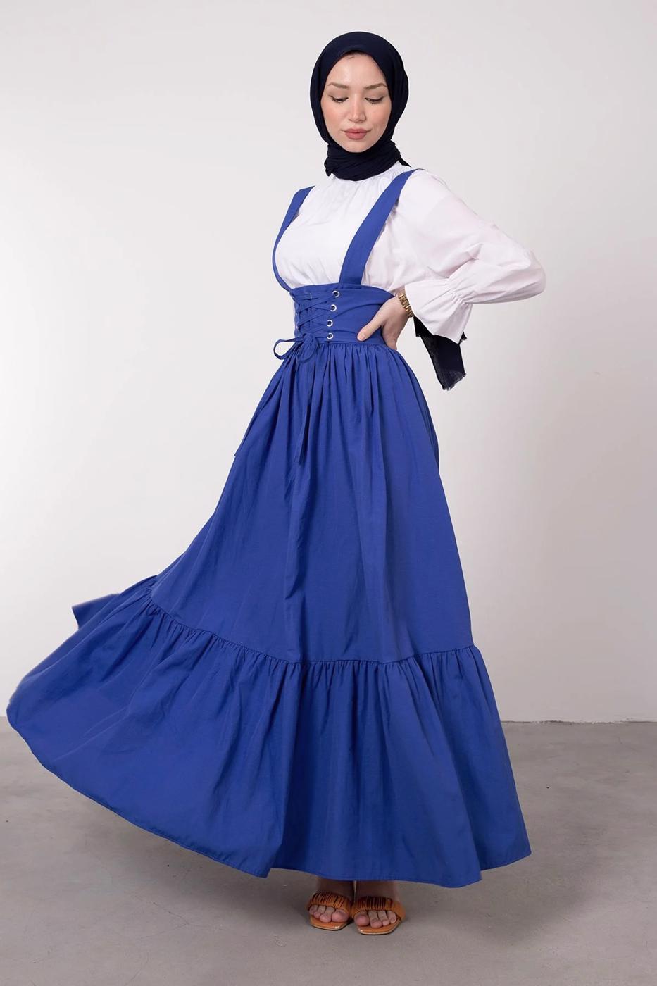 Tesettür giyim LACİVERT BELİ BAĞCIK DETAYLI SALOPET ELBİSE T 60042