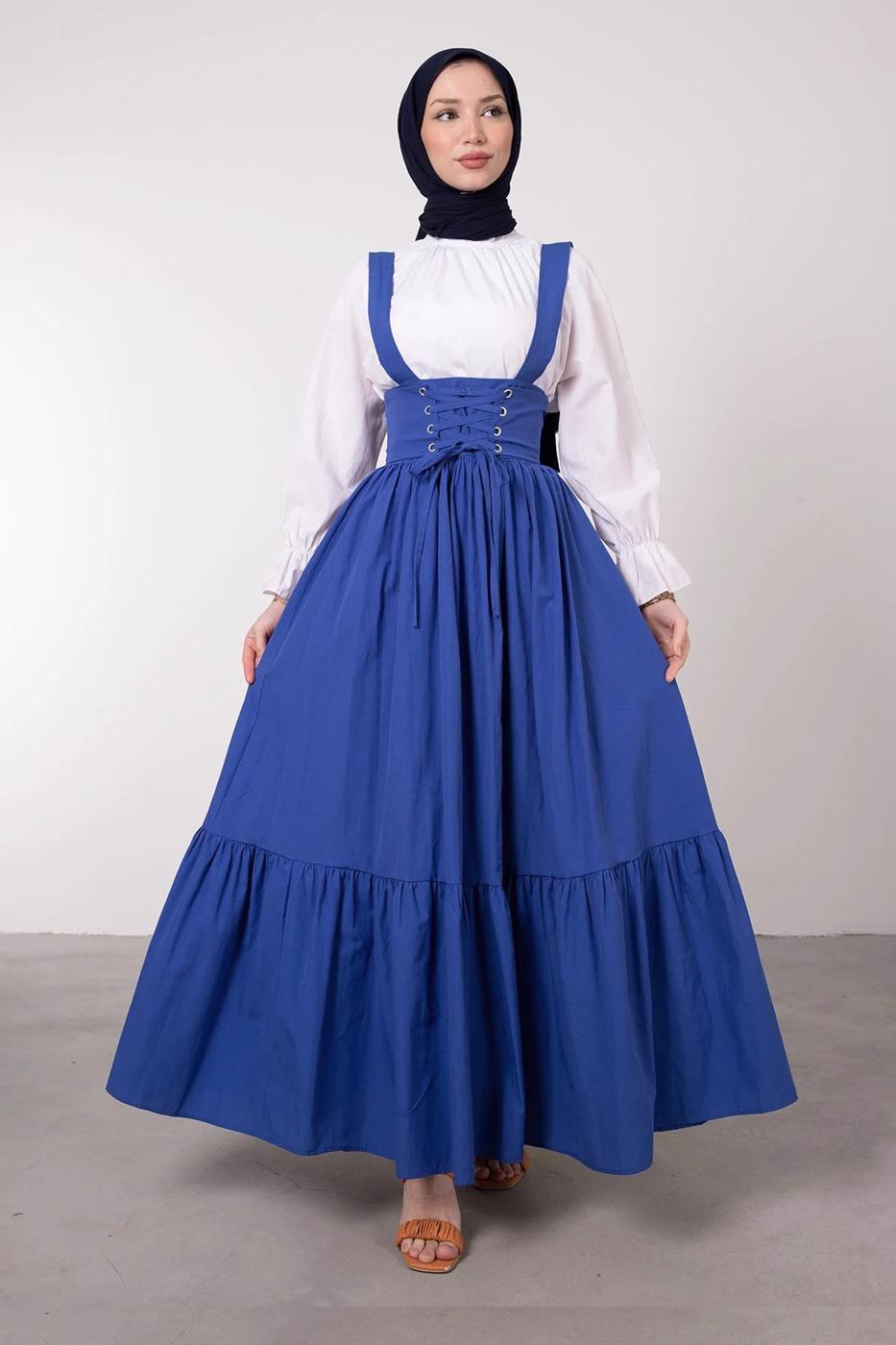 Tesettür giyim LACİVERT BELİ BAĞCIK DETAYLI SALOPET ELBİSE T 60042