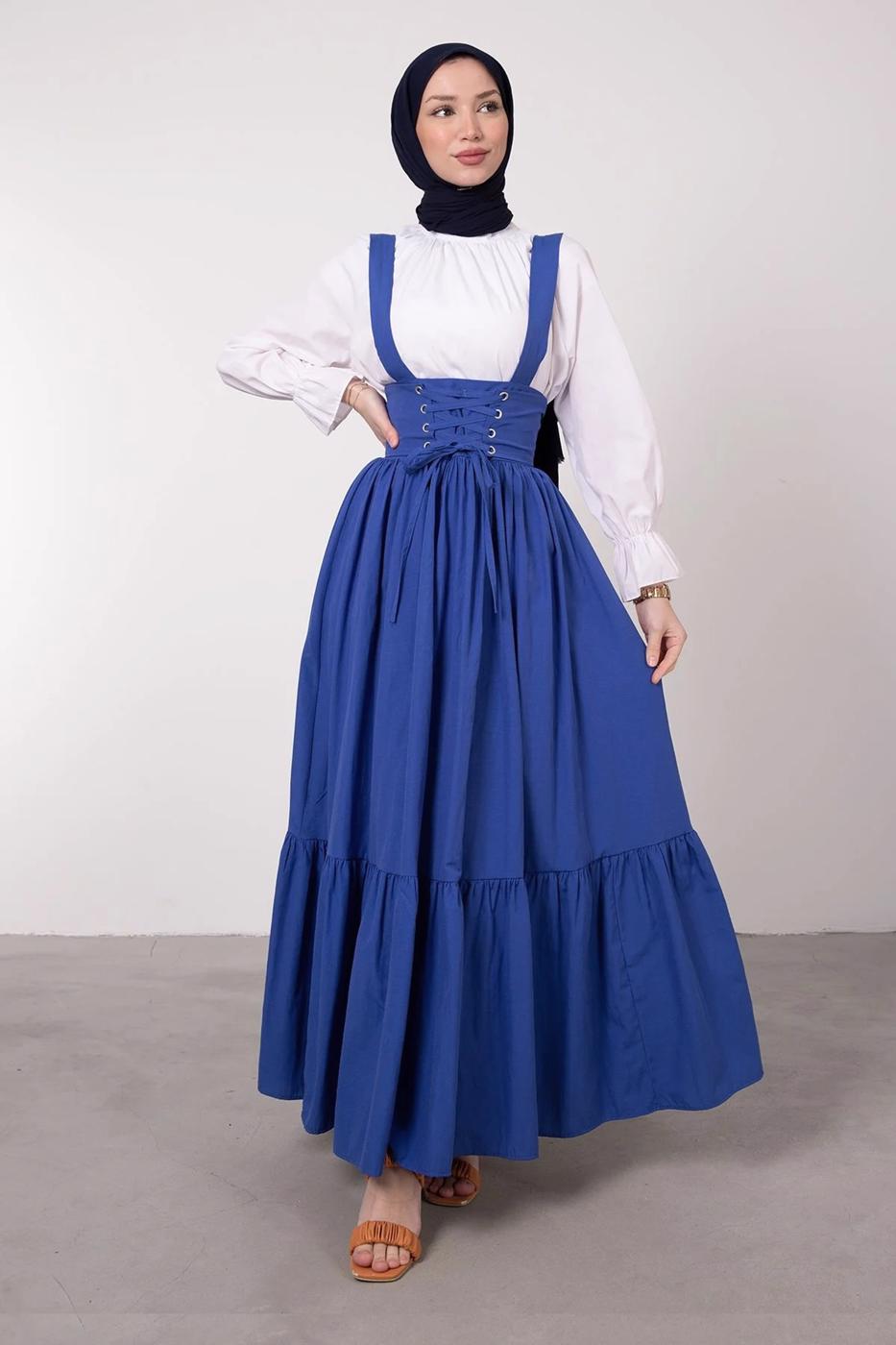 Tesettür giyim LACİVERT BELİ BAĞCIK DETAYLI SALOPET ELBİSE T 60042